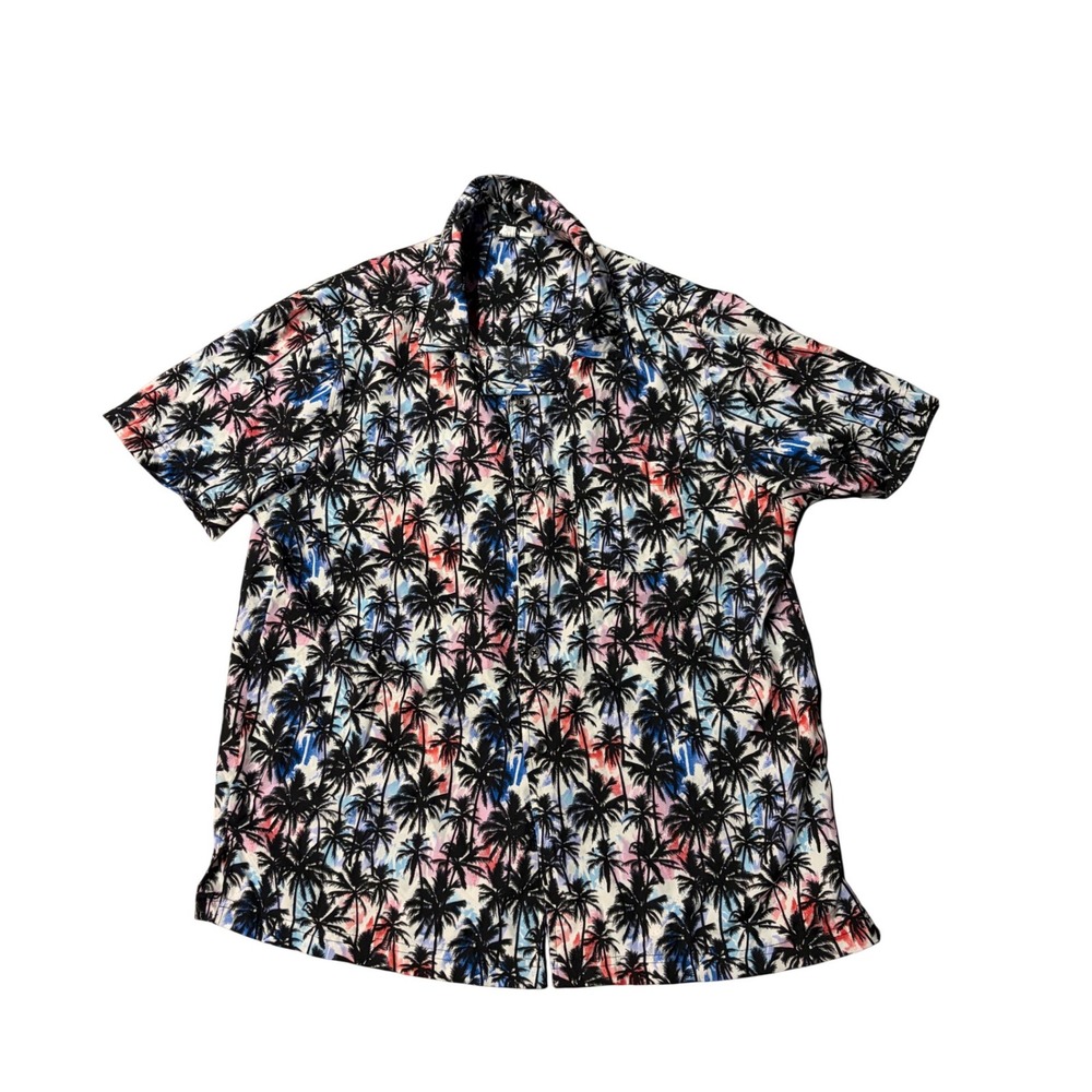 Mens Short Sleeve Palm Tree Print Button Down Shirt Tropical Camp Collar Blue